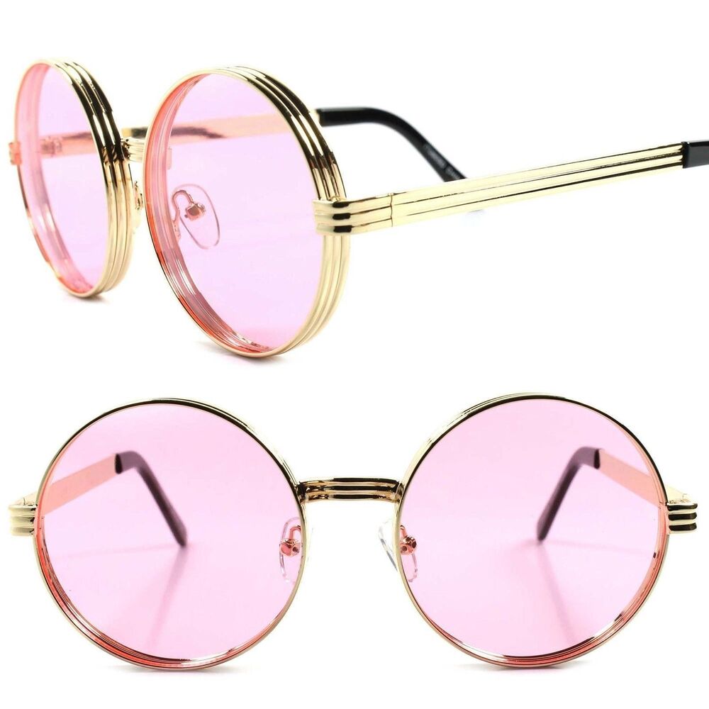Vintage Retro Style Hip Hop Mens Womens Round Circle Gold Pink Lens Sunglasses